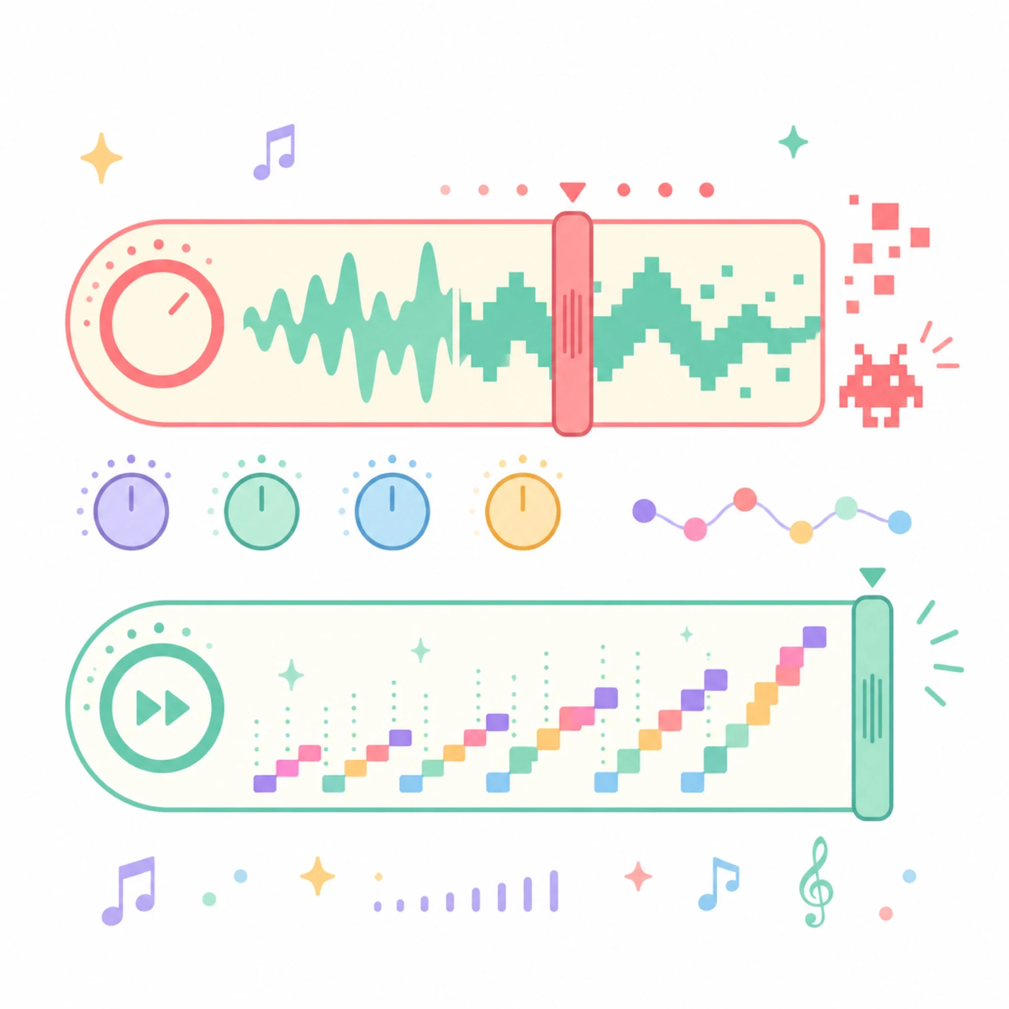 2D flat vector Bitcrush crunch and rapid arpeggio modulation sliders with colorful pixel waveforms