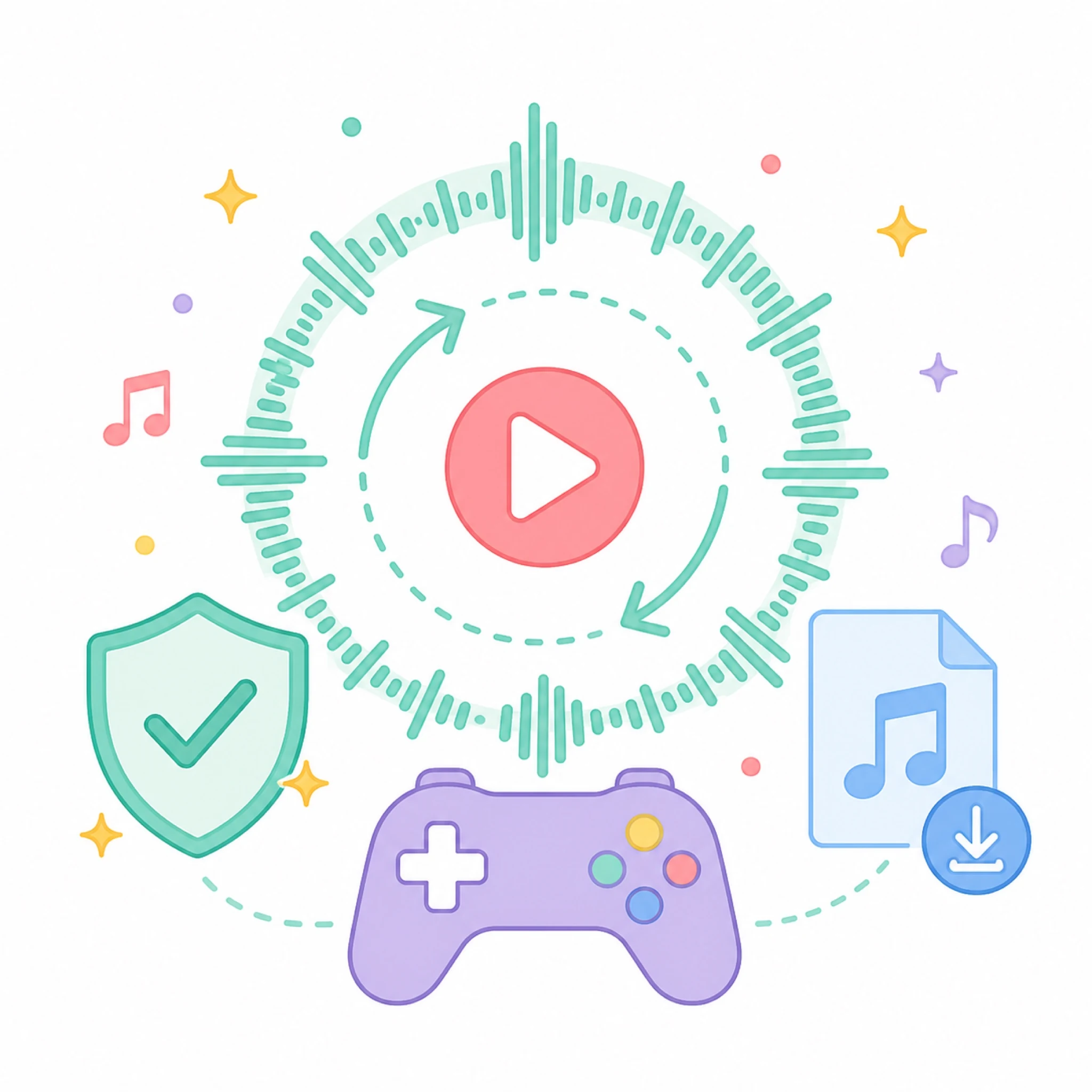 2D flat vector seamless looping audio player with game controller icon and commercial game license badge