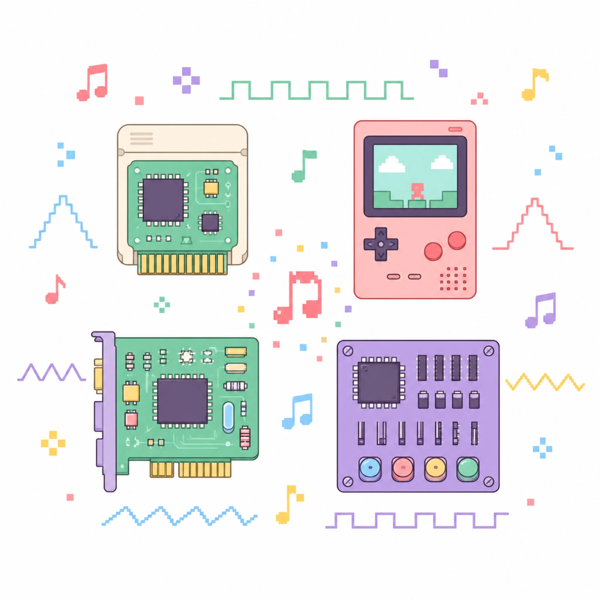 2D flat vector retro soundchip circuit boards handheld game device and pastel square wave music symbols
