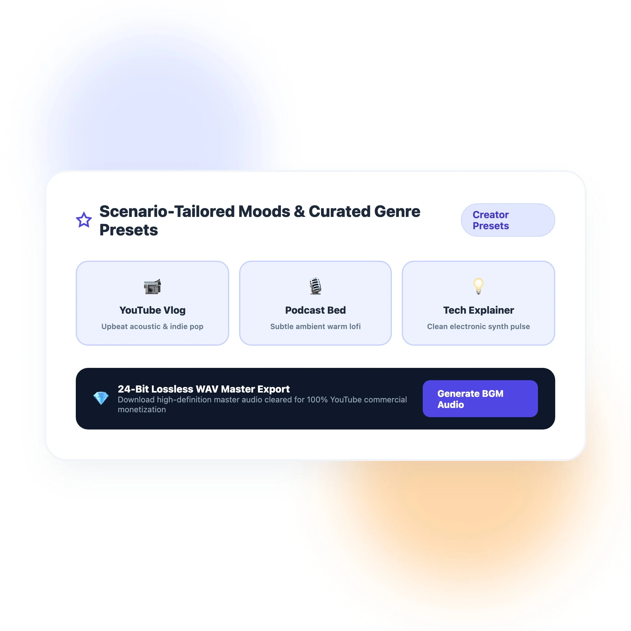 2D flat vector colorful grid of video scenario cards for travel vlogs, podcast intros, tech reviews, and meditation