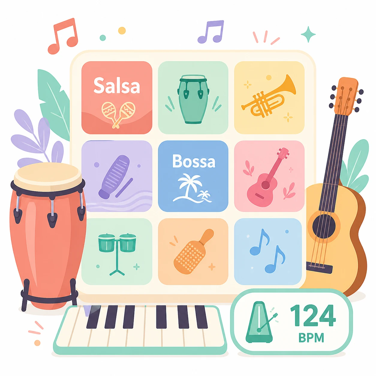2D flat vector illustration of eight authentic Latin music substyles and tempo badge