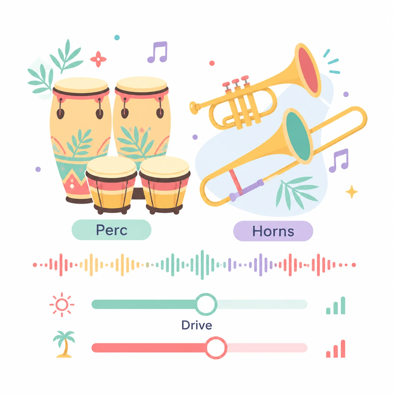 2D flat vector sliders for Latin percussion drive and tropical horn section