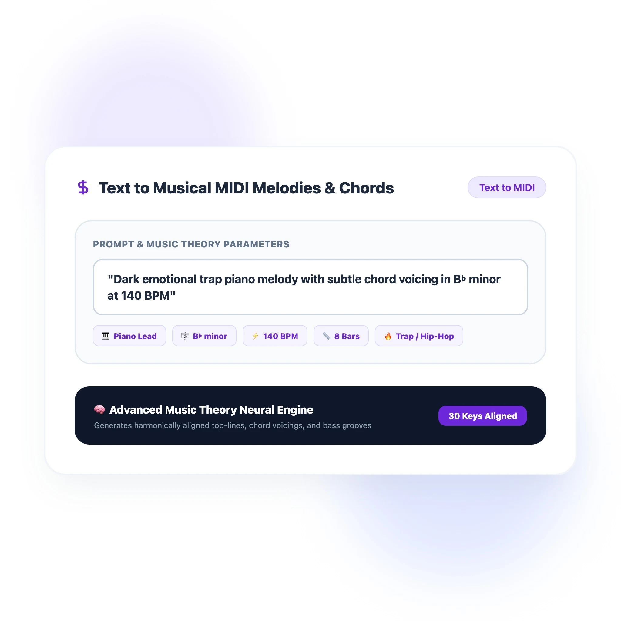 2D flat vector prompt bar converting text description into colorful musical notes on piano roll