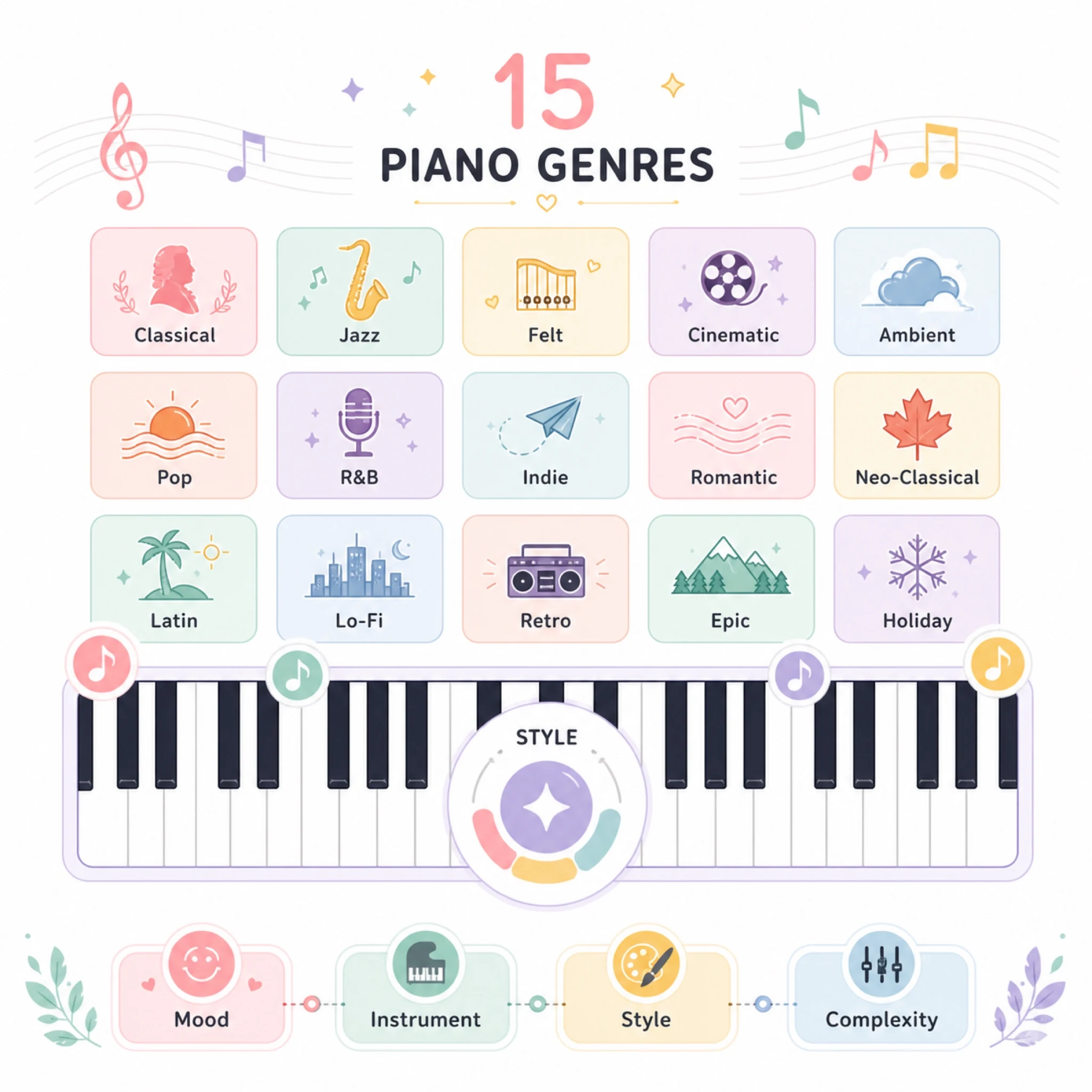 2D flat vector piano keyboard with style badges for Classical, Jazz, Baroque and Cinematic styles in pastel macaron style