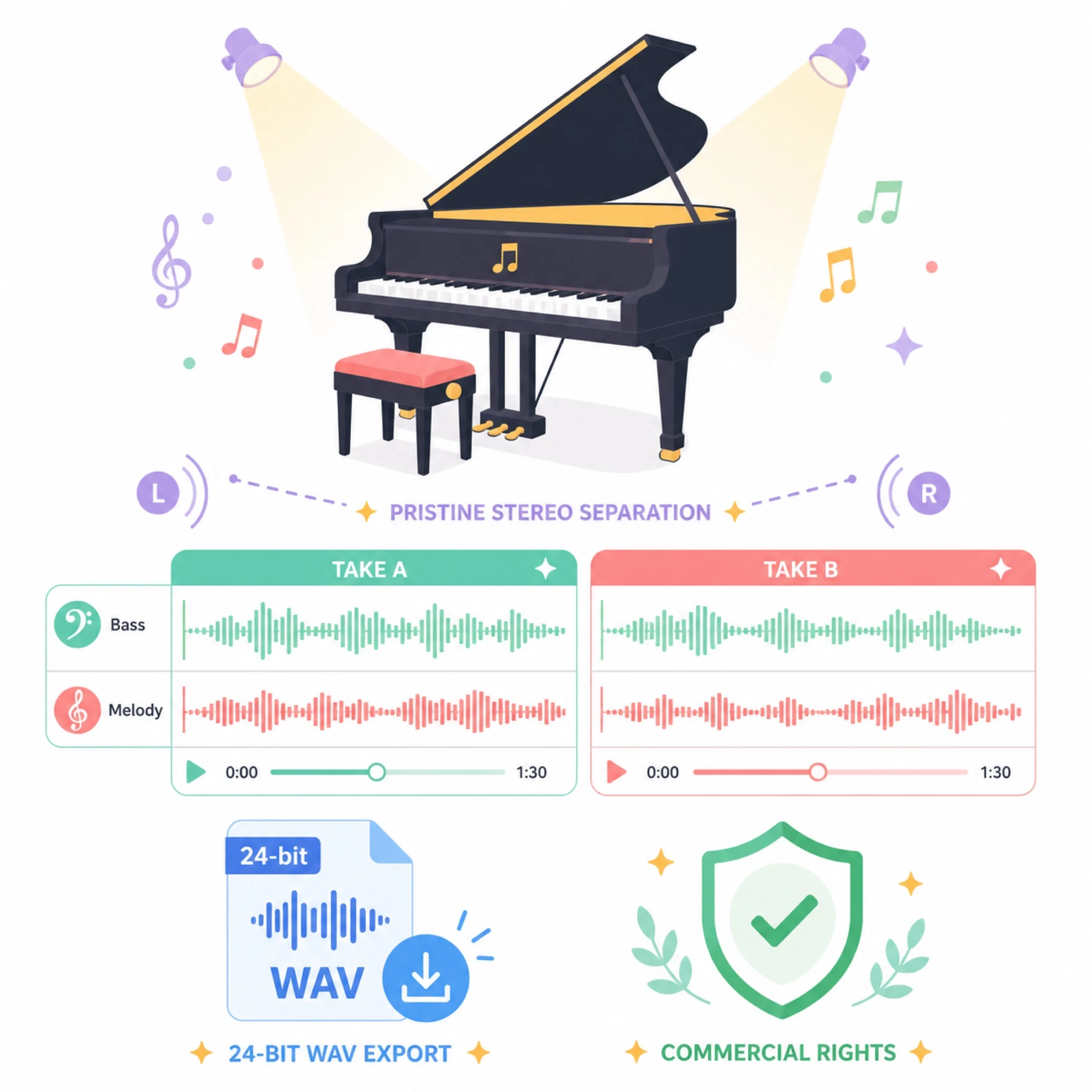 2D flat vector grand piano in studio spotlight with dual-take audio waveform and 24-bit WAV license badge