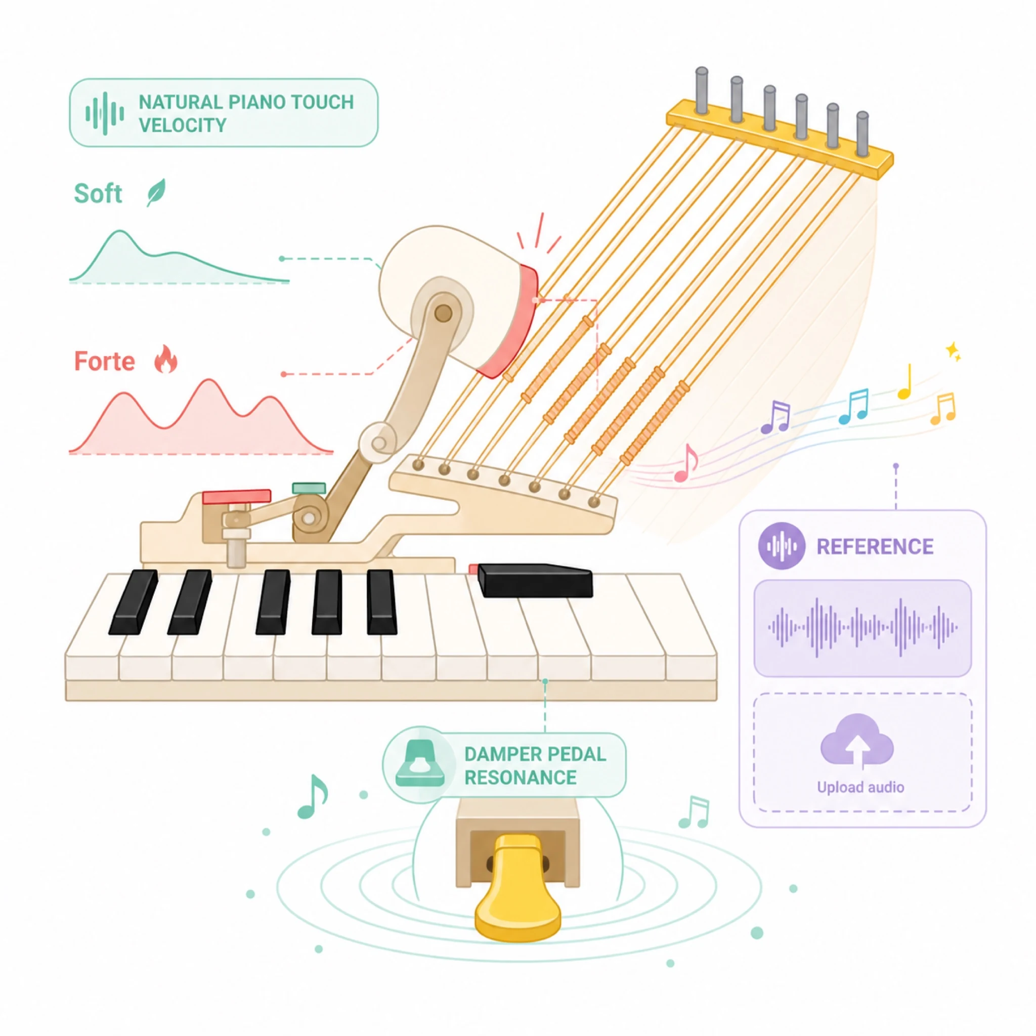2D flat vector piano hammer hitting strings with velocity waveform and audio reference waveform in pastel style