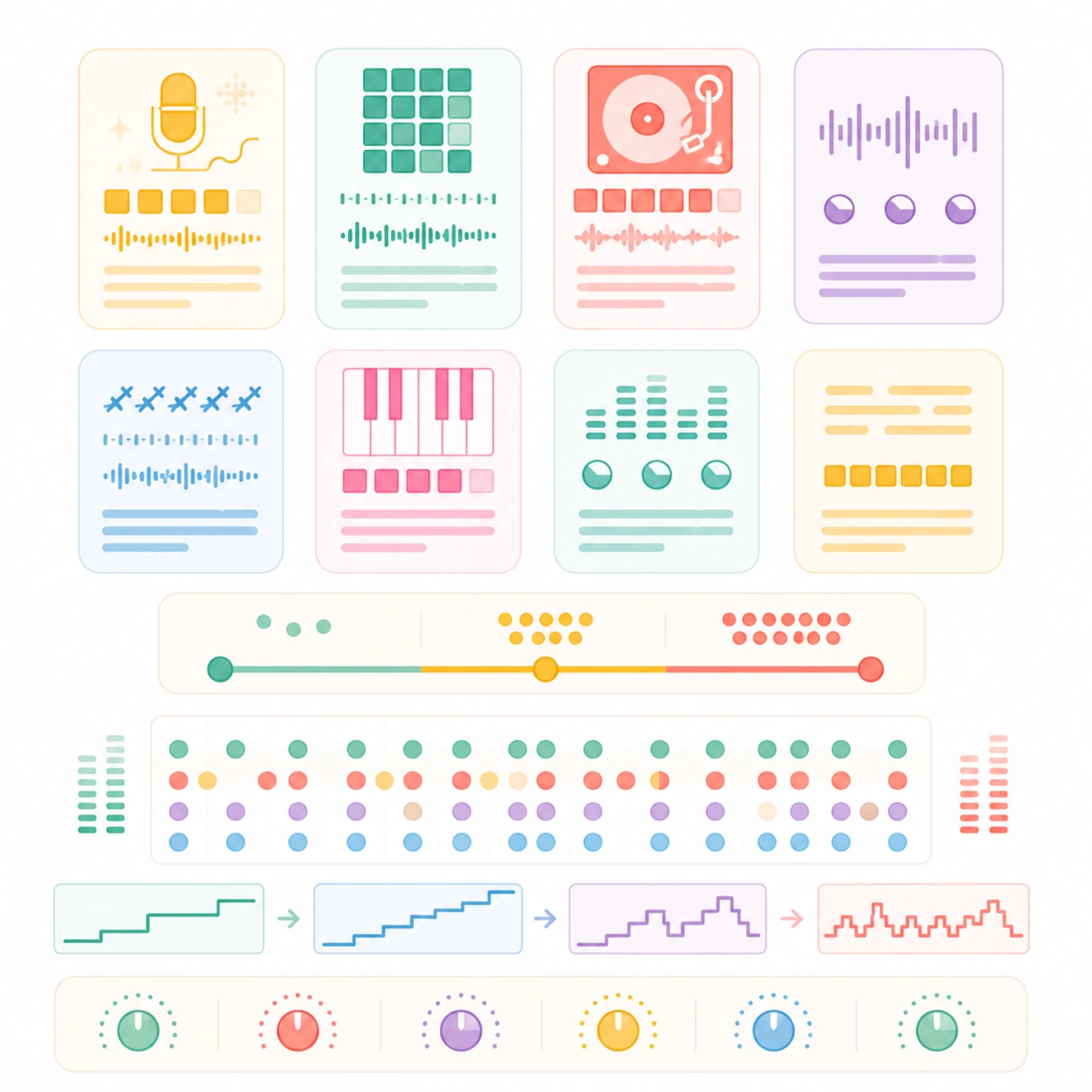 2D flat vector rap substyle cards with rhyme density sliders cadence grids and flow control knobs