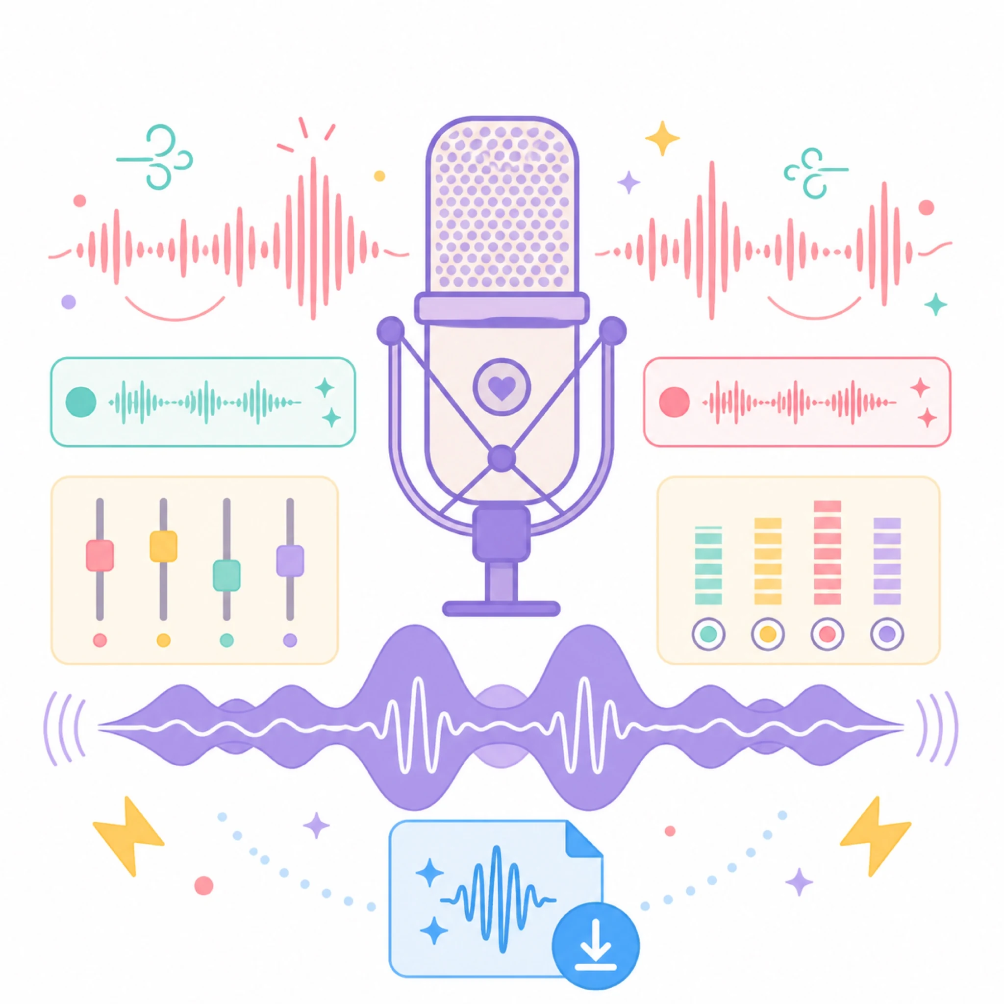 2D flat vector studio microphone with 808 bass waveform and high-definition audio master export card