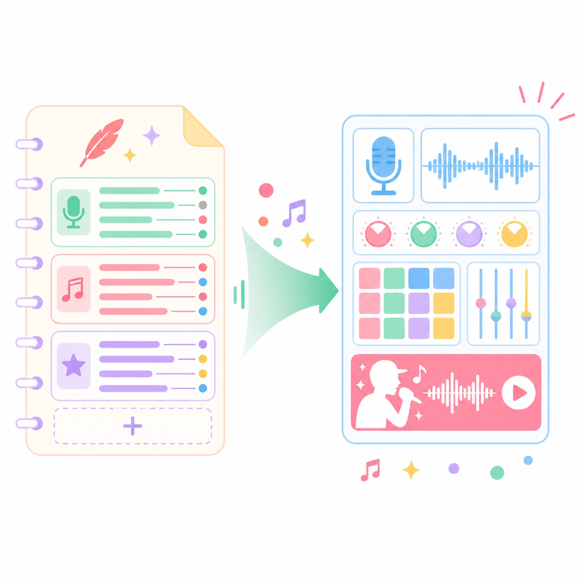 2D flat vector two-stage rap creation funnel card showing structured lyric drafting flowing into full rap music production