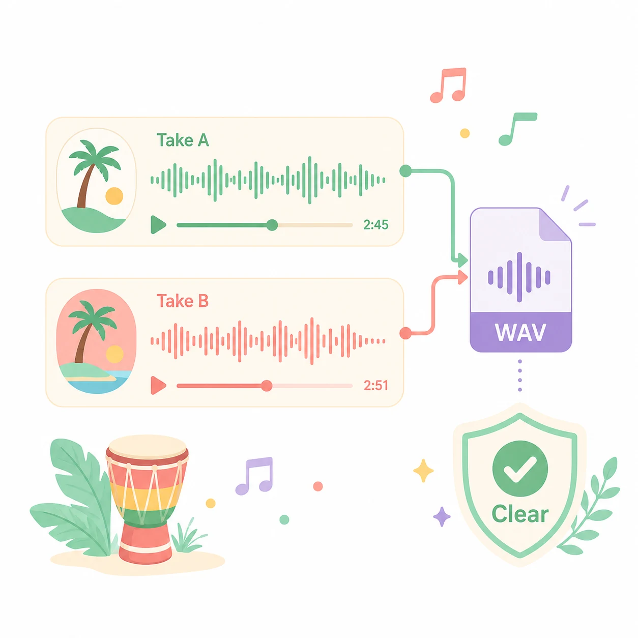 2D flat vector dual-take reggae waveform players with commercial clearance and WAV export