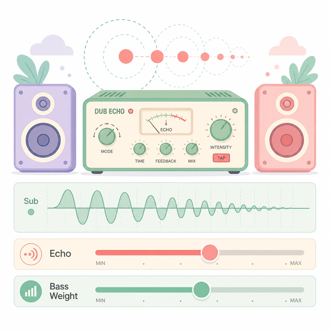2D flat vector Dub FX and bass weight sliders with echo rings and sub-bass waveform