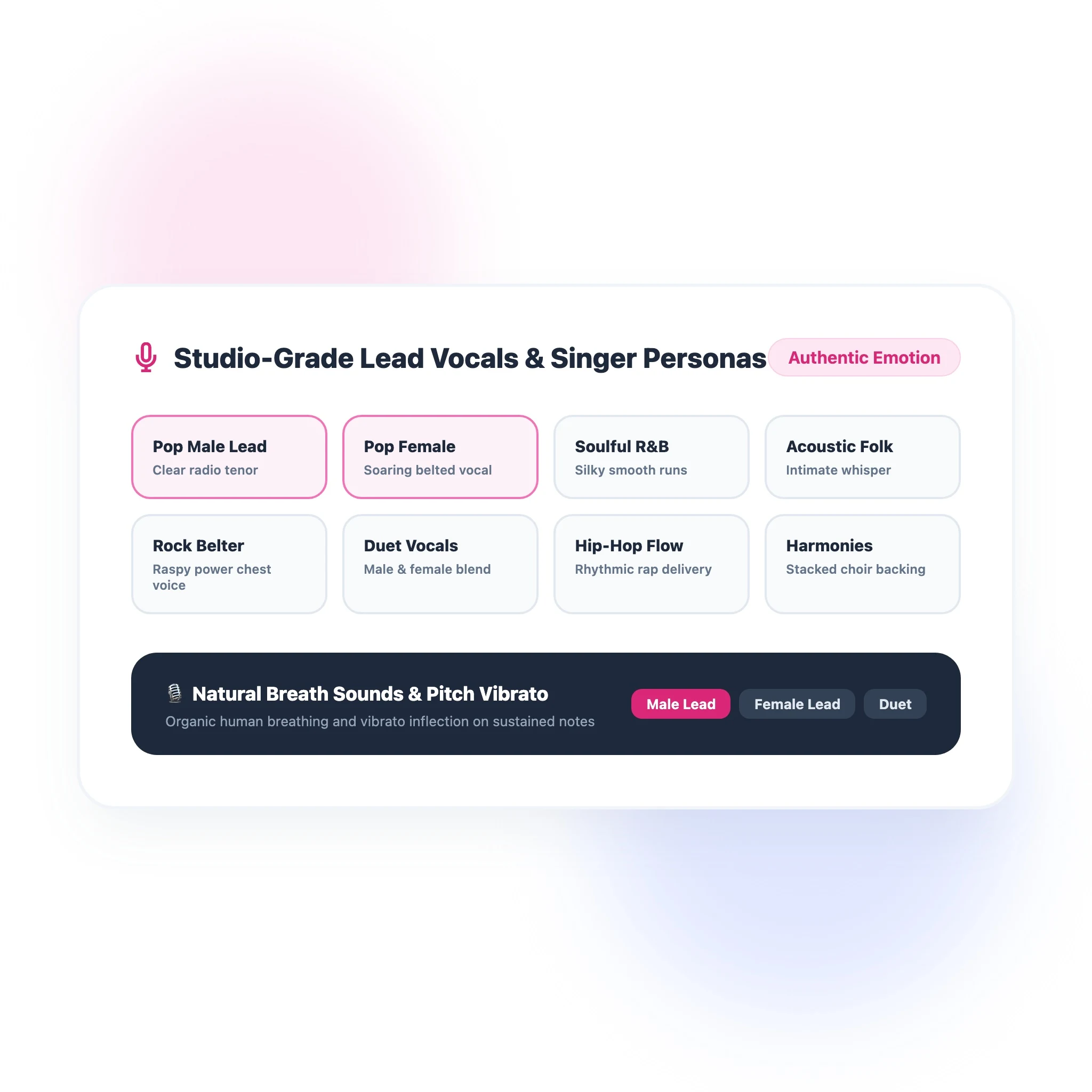 2D flat vector studio microphone with singer personas badges for Pop, Rock, R&B and Acoustic