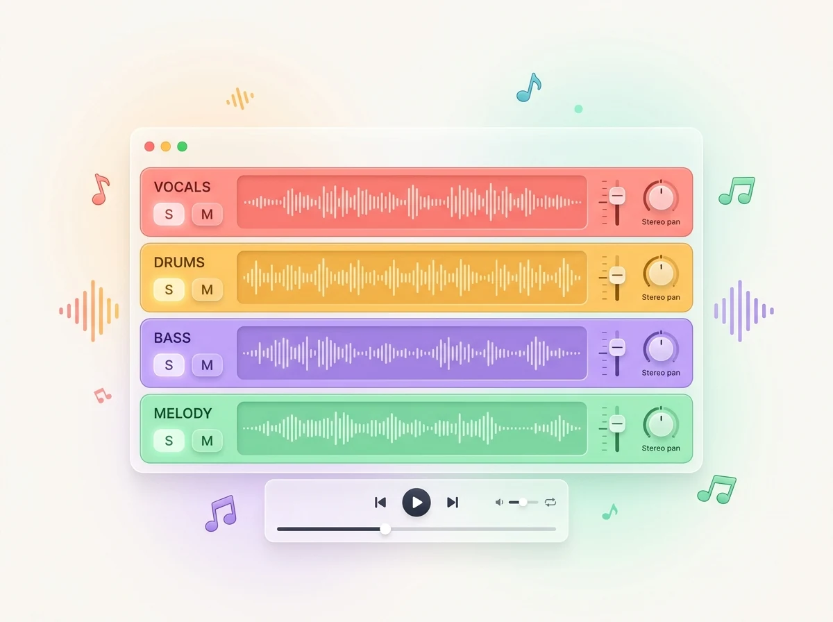2D 扁平矢量 多轨音频混音器与音量推子、Solo 和 Mute 控制