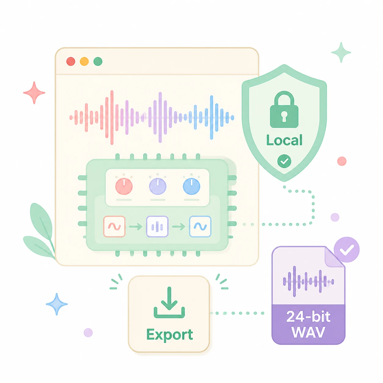 Local on-device Web Audio DSP privacy badge and 24-bit lossless WAV download