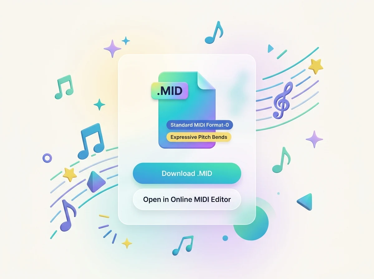 2D flat vector MIDI export card with download and open in online editor buttons