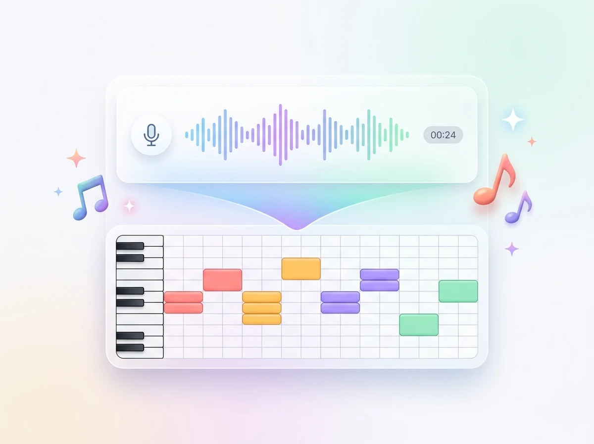 2D 扁平矢量 音频波形转换为多彩复音 MIDI 钢琴卷帘音符