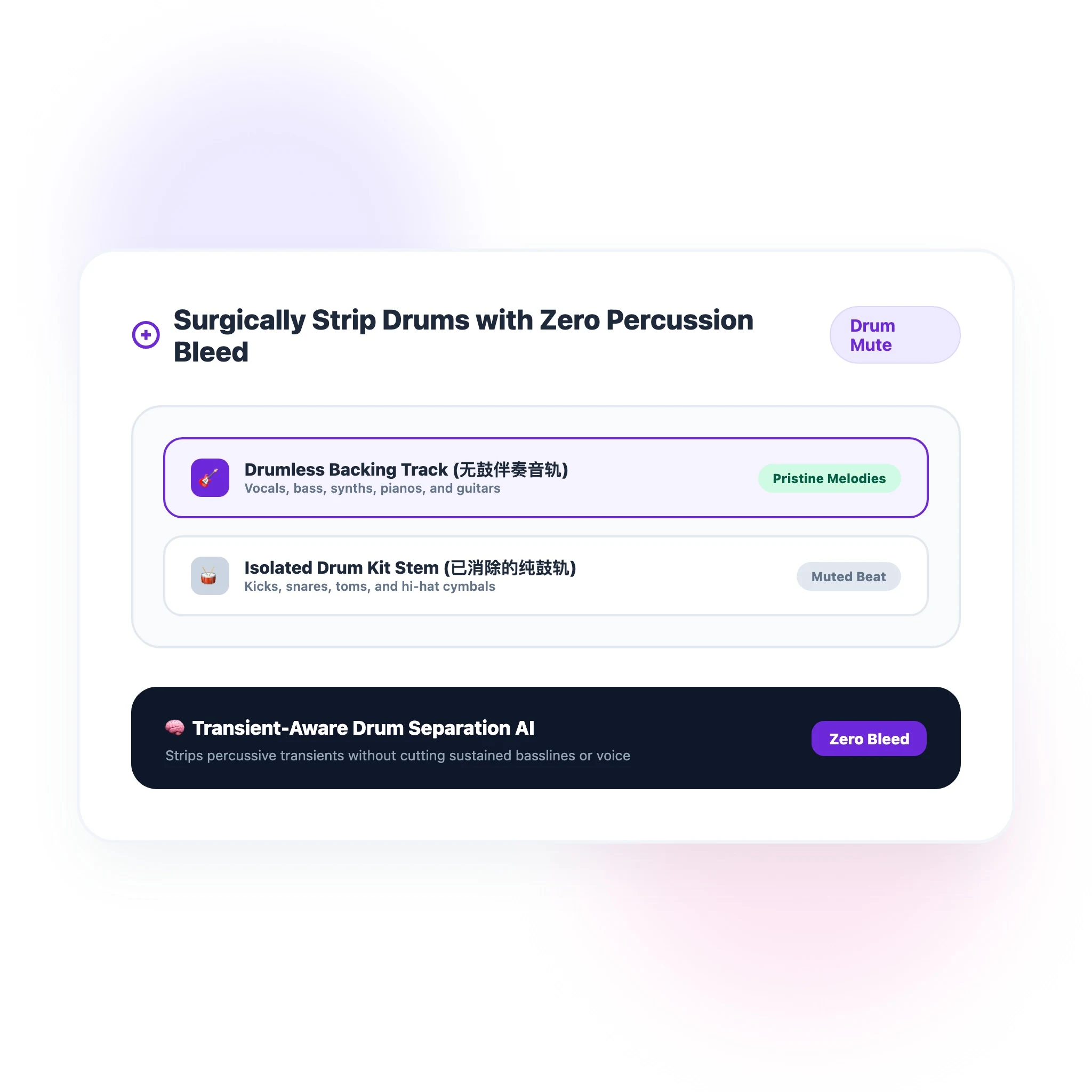 2D flat vector audio waveform muting drum beat stem and preserving melody and vocal tracks