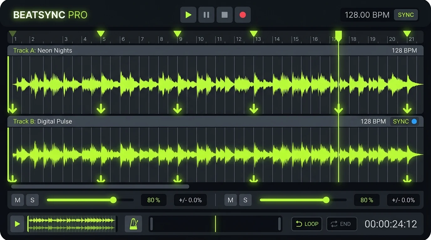 DJ beatmatching and digital audio waveform tempo synchronization