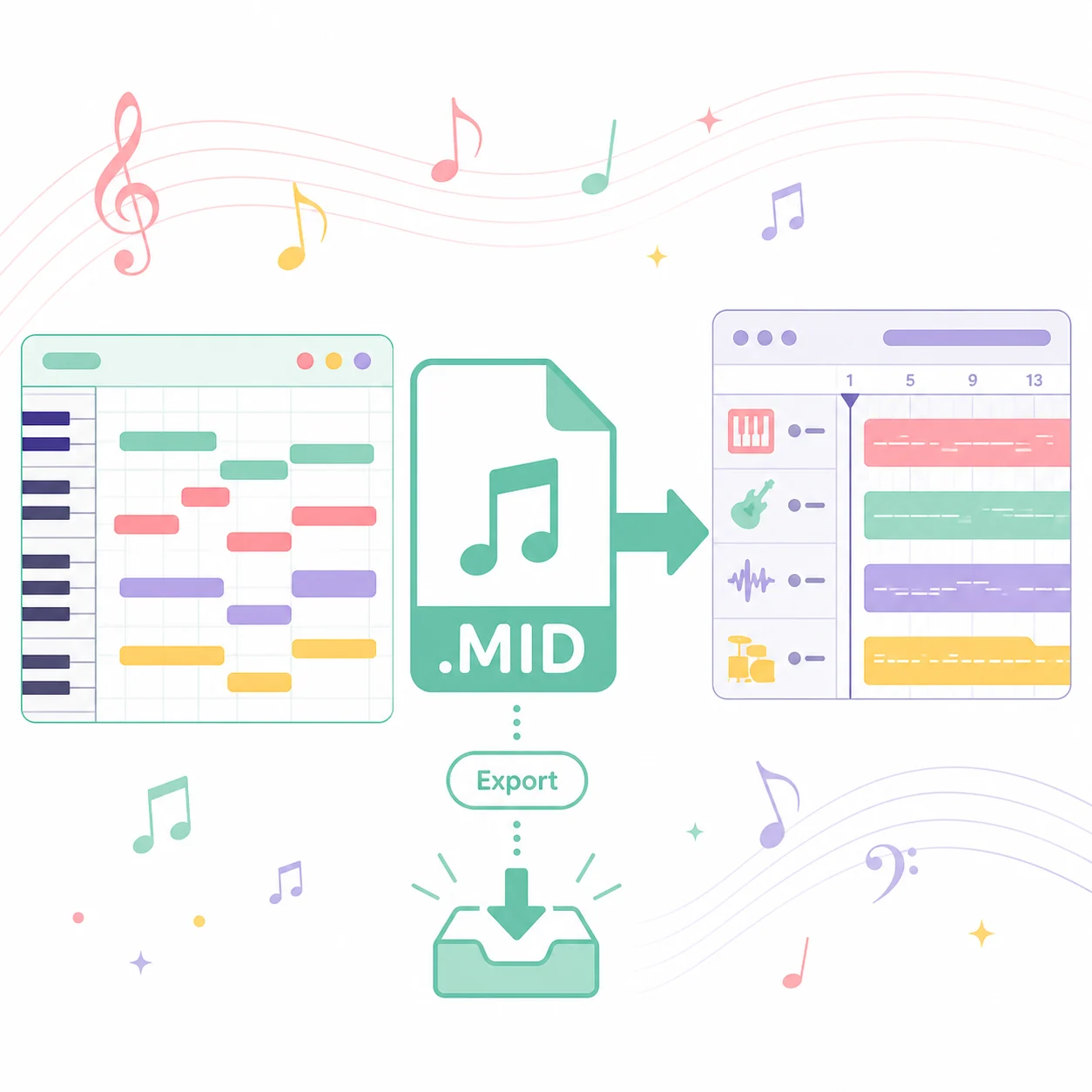 2D 扁平矢量标准 MIDI 乐谱徽章流入通用音乐工作站时间线卡片