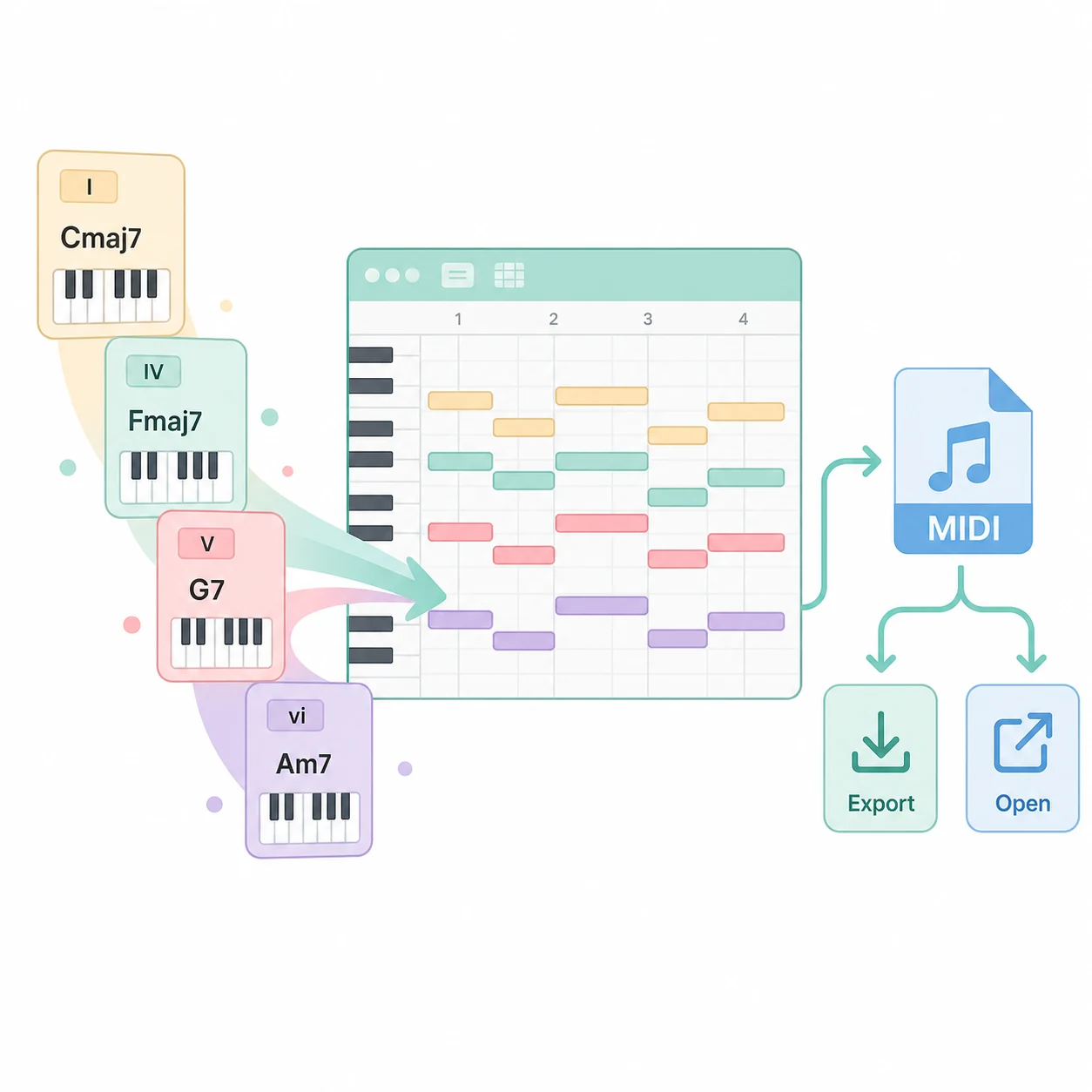 2D 扁平矢量一键无缝接入在线钢琴卷帘 MIDI 编辑器与下载卡片