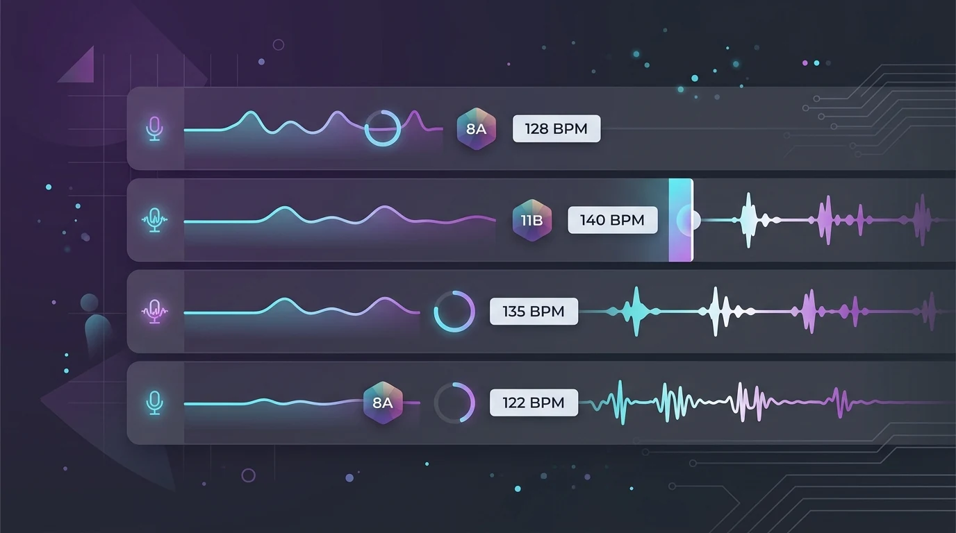 2D flat vector batch audio queue card with Camelot badges and BPM tags