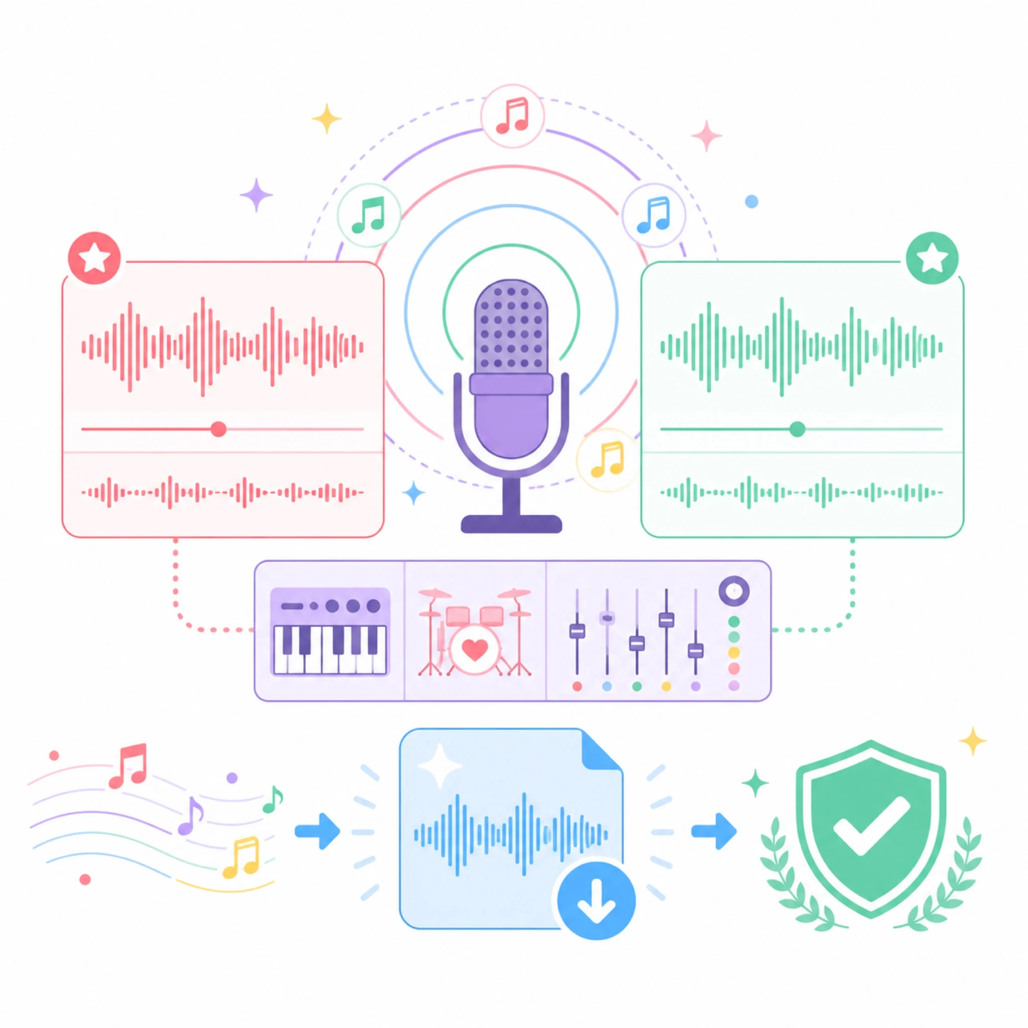2D flat vector dual-take K-Pop waveform players with studio microphone, mixer, download file and commercial clearance shield