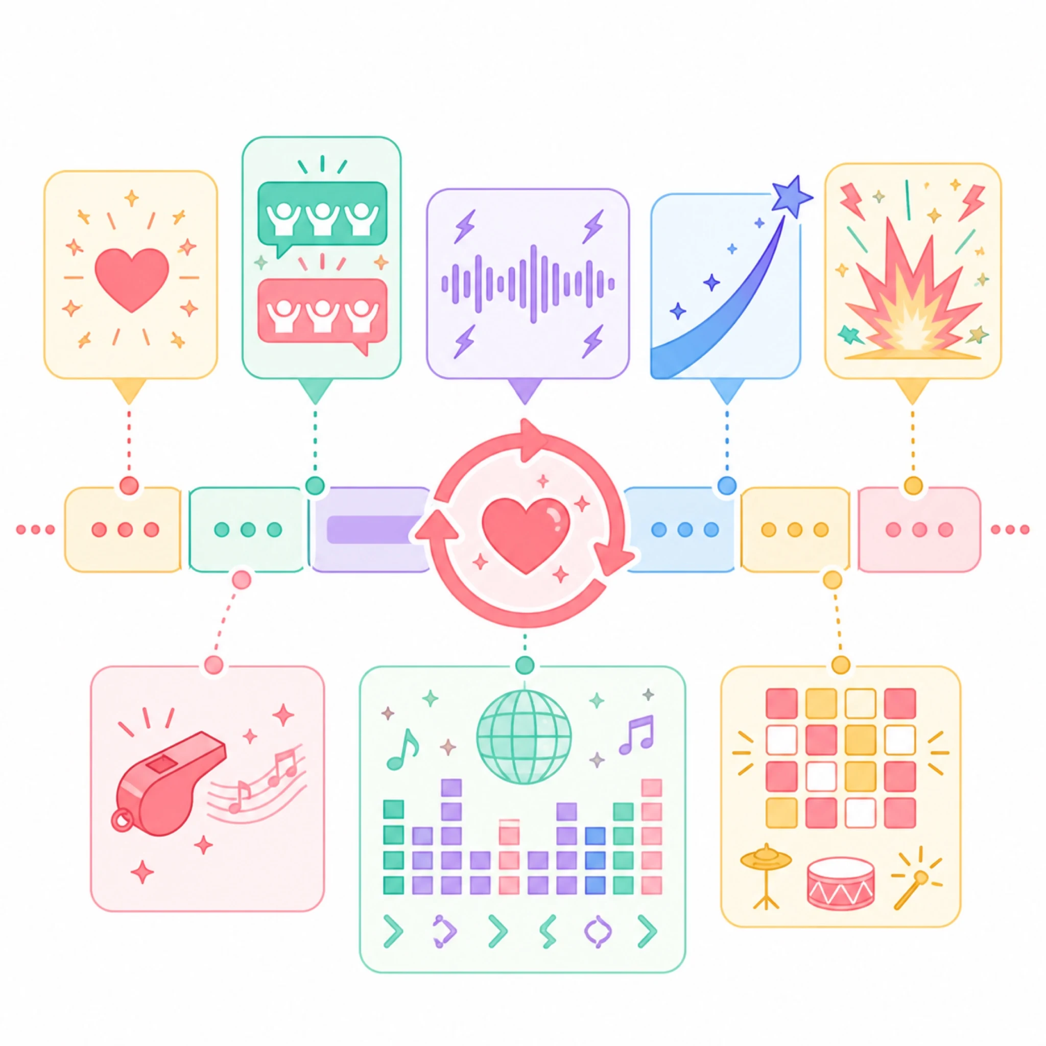 2D flat vector K-Pop arrangement timeline with hook loop, fan chant bubbles, rap break waveform, high-note bridge and dance break grid