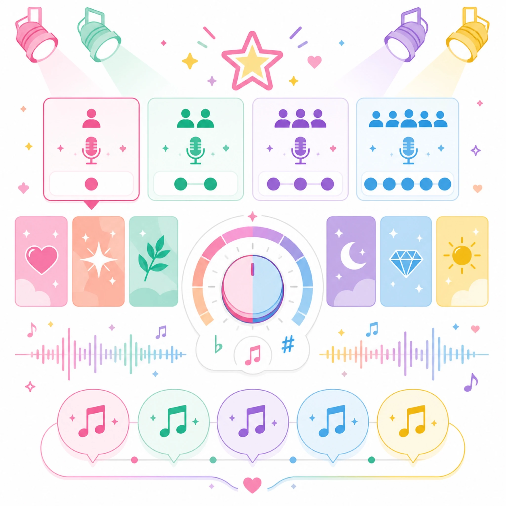 2D flat vector K-Pop style control board with group type cards, concept panels, tempo dial and language bubbles