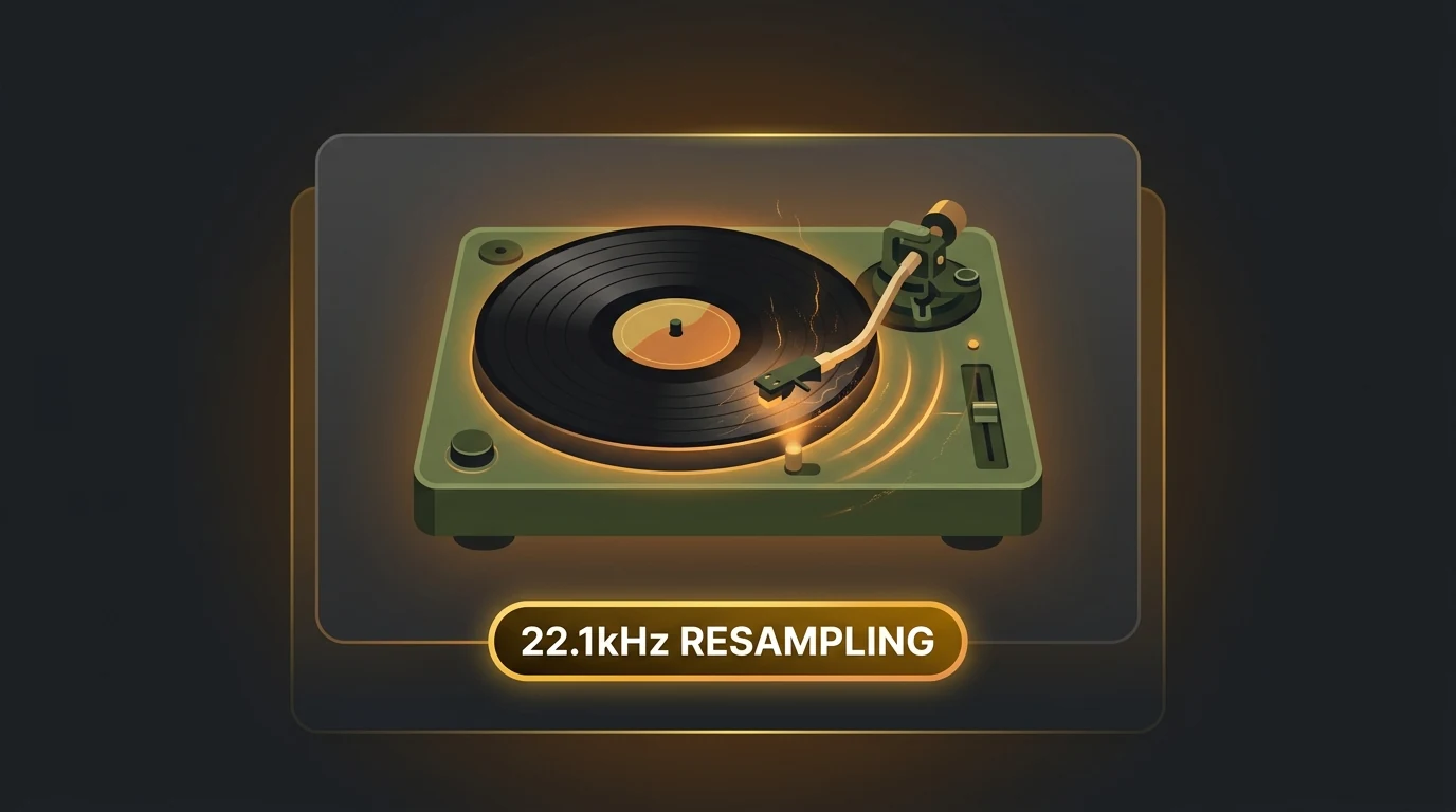 2D flat vector vinyl turntable with dust crackle waves and 22.1kHz resampling badge