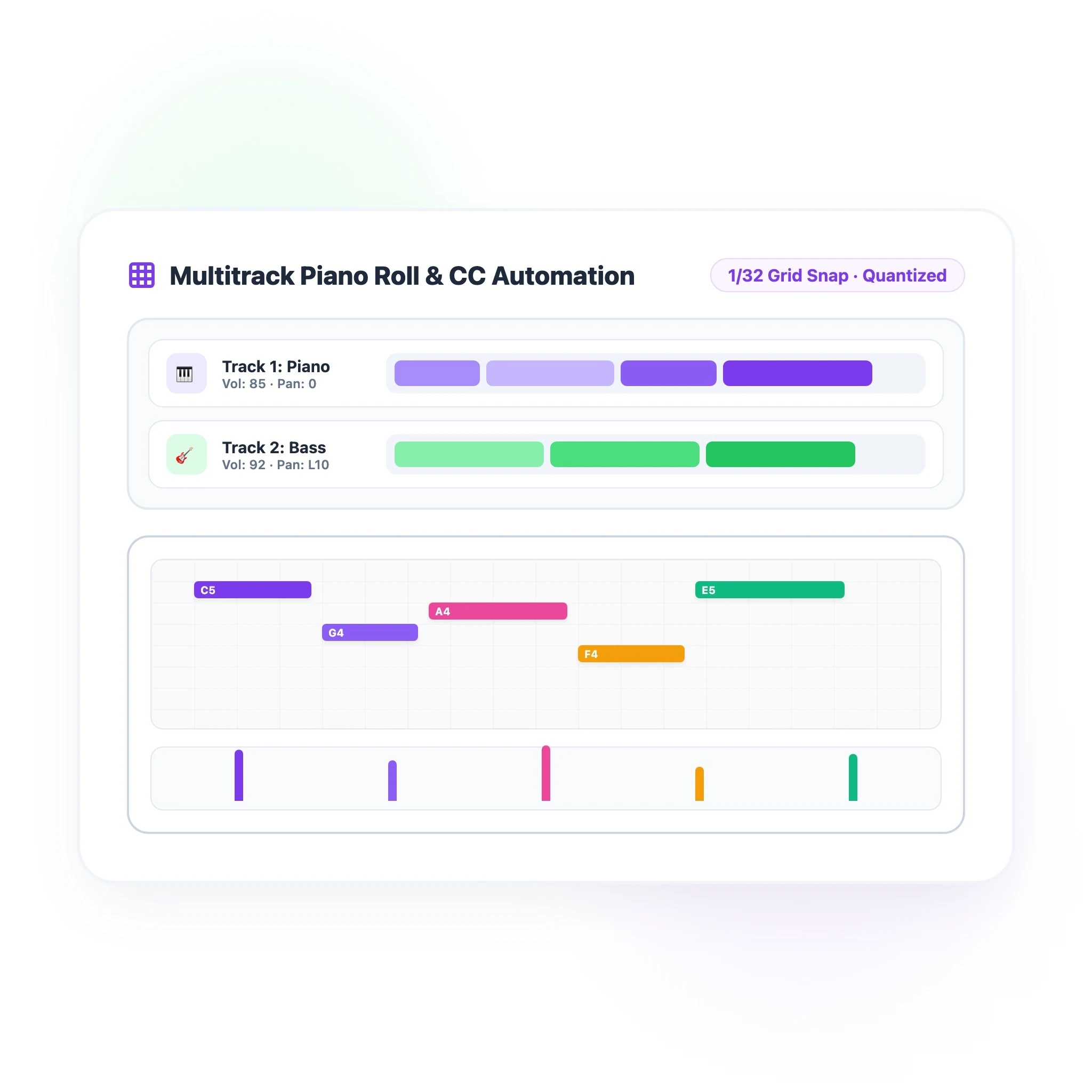 2D flat vector multitrack piano roll interface showing colorful MIDI note blocks velocity bars and timeline ruler