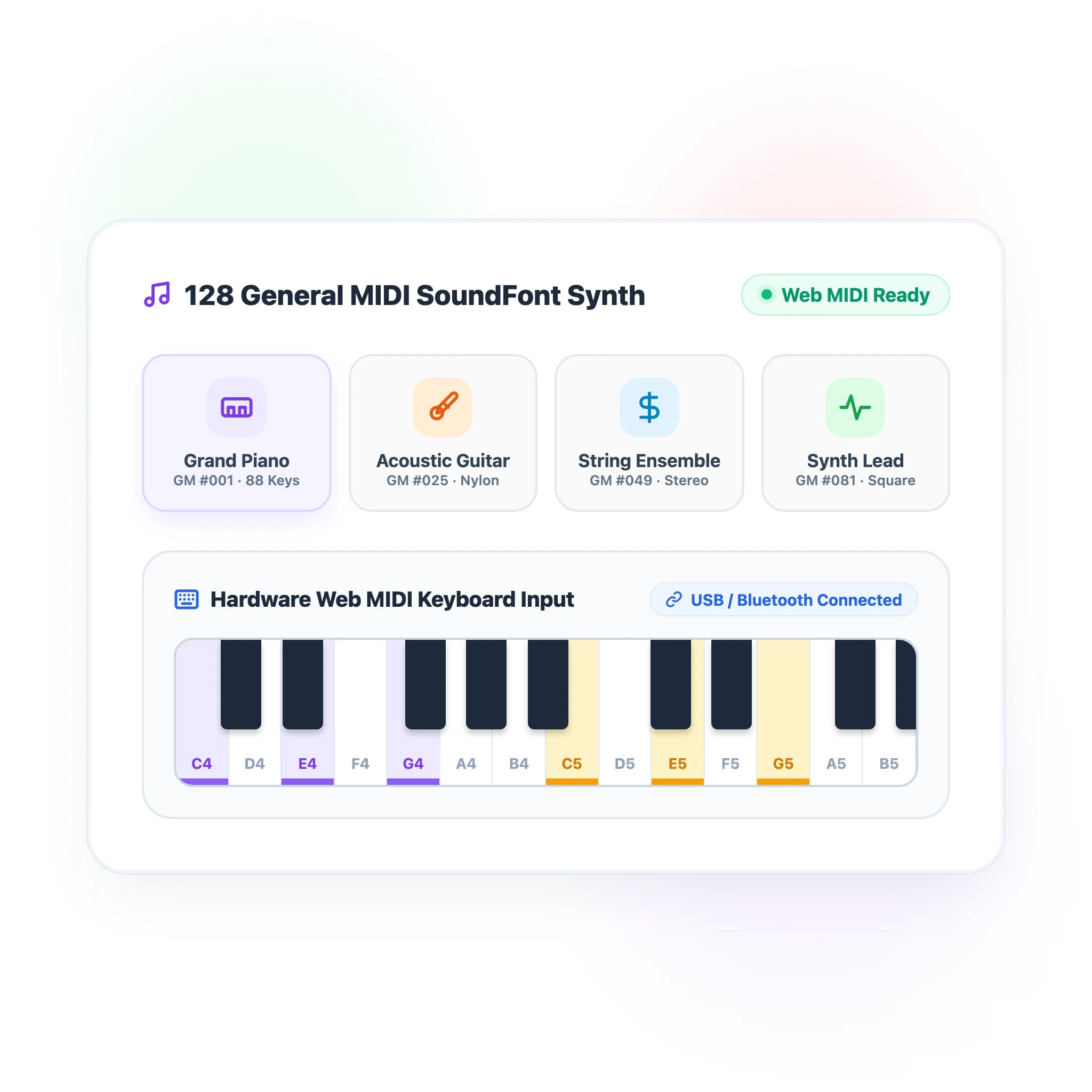 2D flat vector SoundFont instrument selector with piano guitar strings icons and USB MIDI keyboard plug
