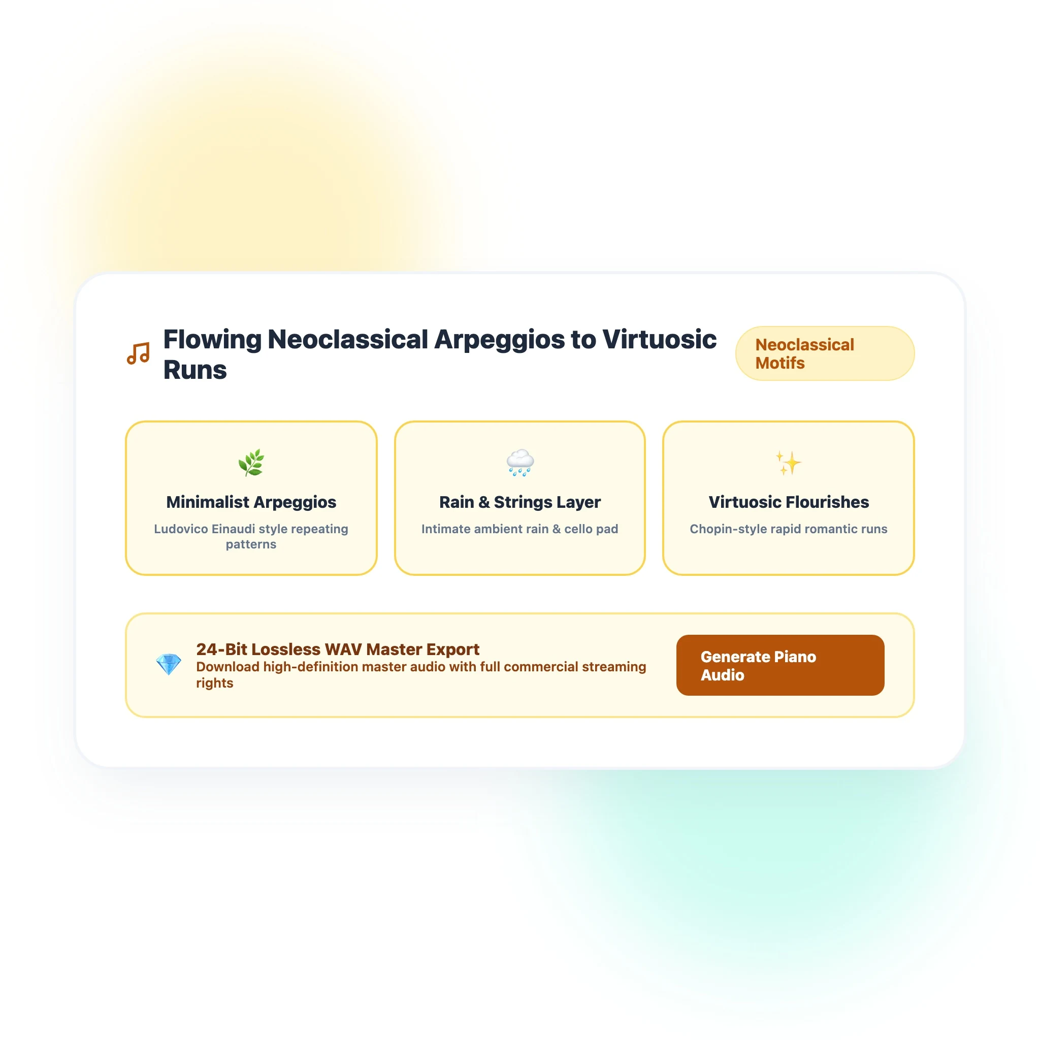 2D flat vector piano sheet music showing flowing neoclassical arpeggio patterns and virtuosic flourishes