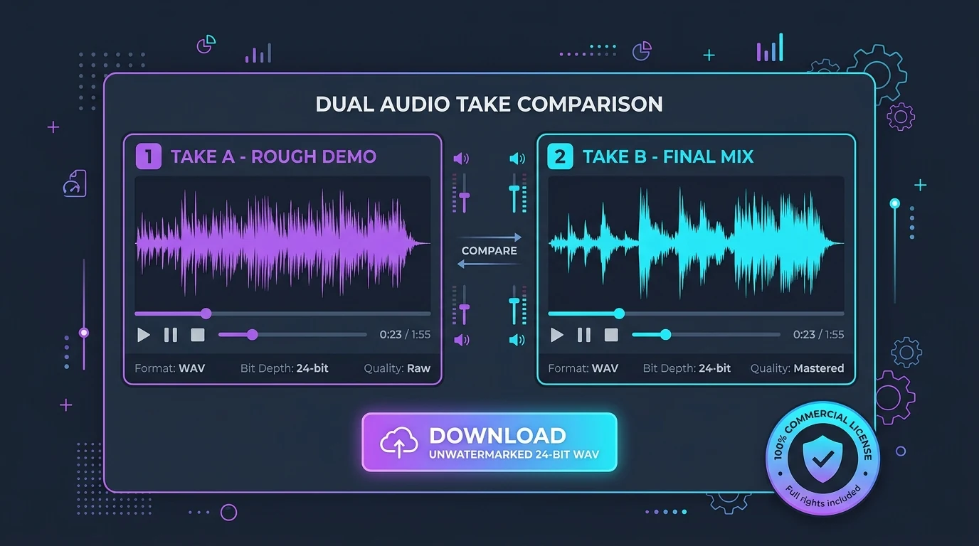 2D flat vector dual take audio comparison player with commercial license badge